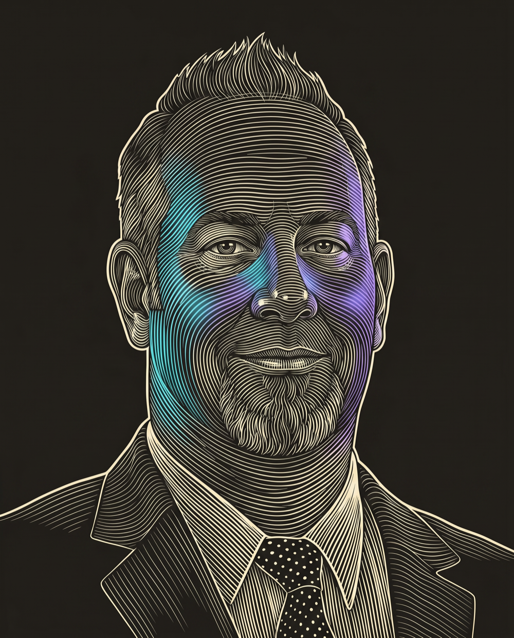 Cream line-engraving portrait of Joe Pasciucco, President and CEO at Powering Outbound for Falcon IT Staffing Solutions.
