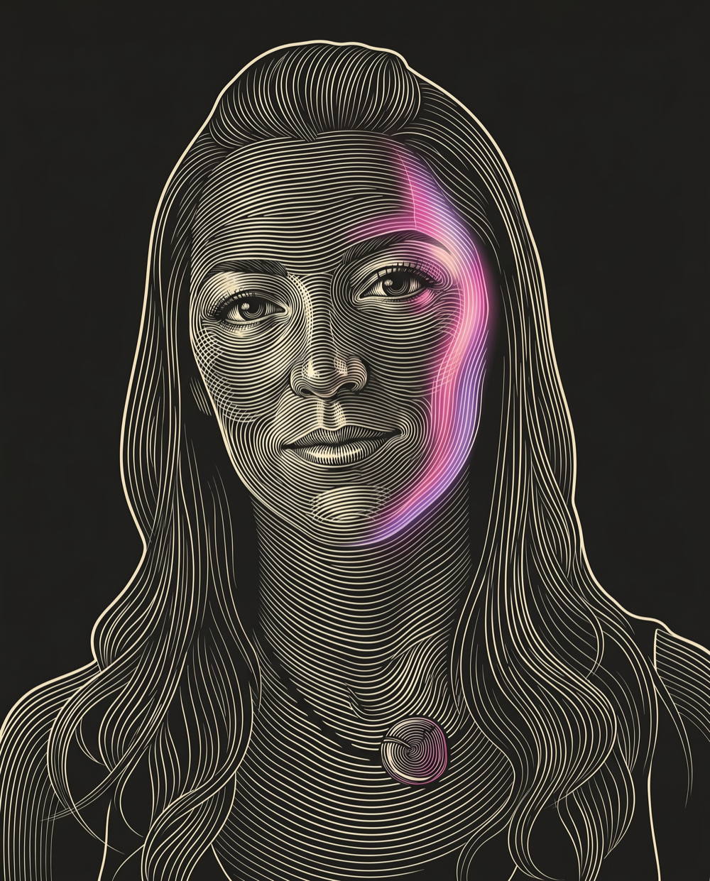Cream line-engraving portrait of Carmen Stinson, Director of Travel Sales & Operations at Generates Leads and Orchestrates Outbound Marketing Campaigns For Forest Travel.