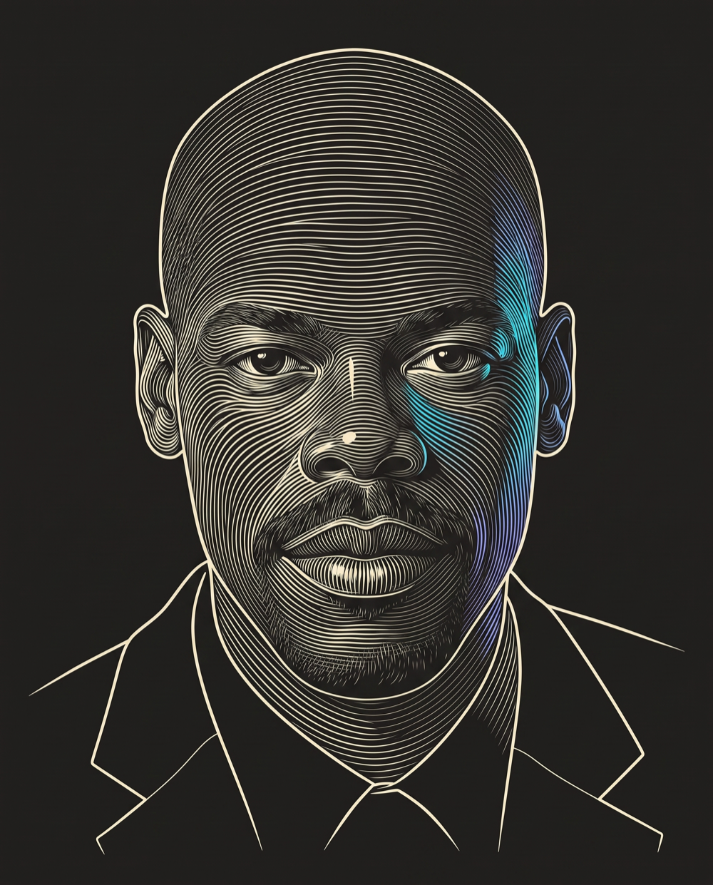 Cream line-engraving portrait of Jeremy Barry, CEO at Generates Leads and Researches For Global Perspective Speakers & Events.