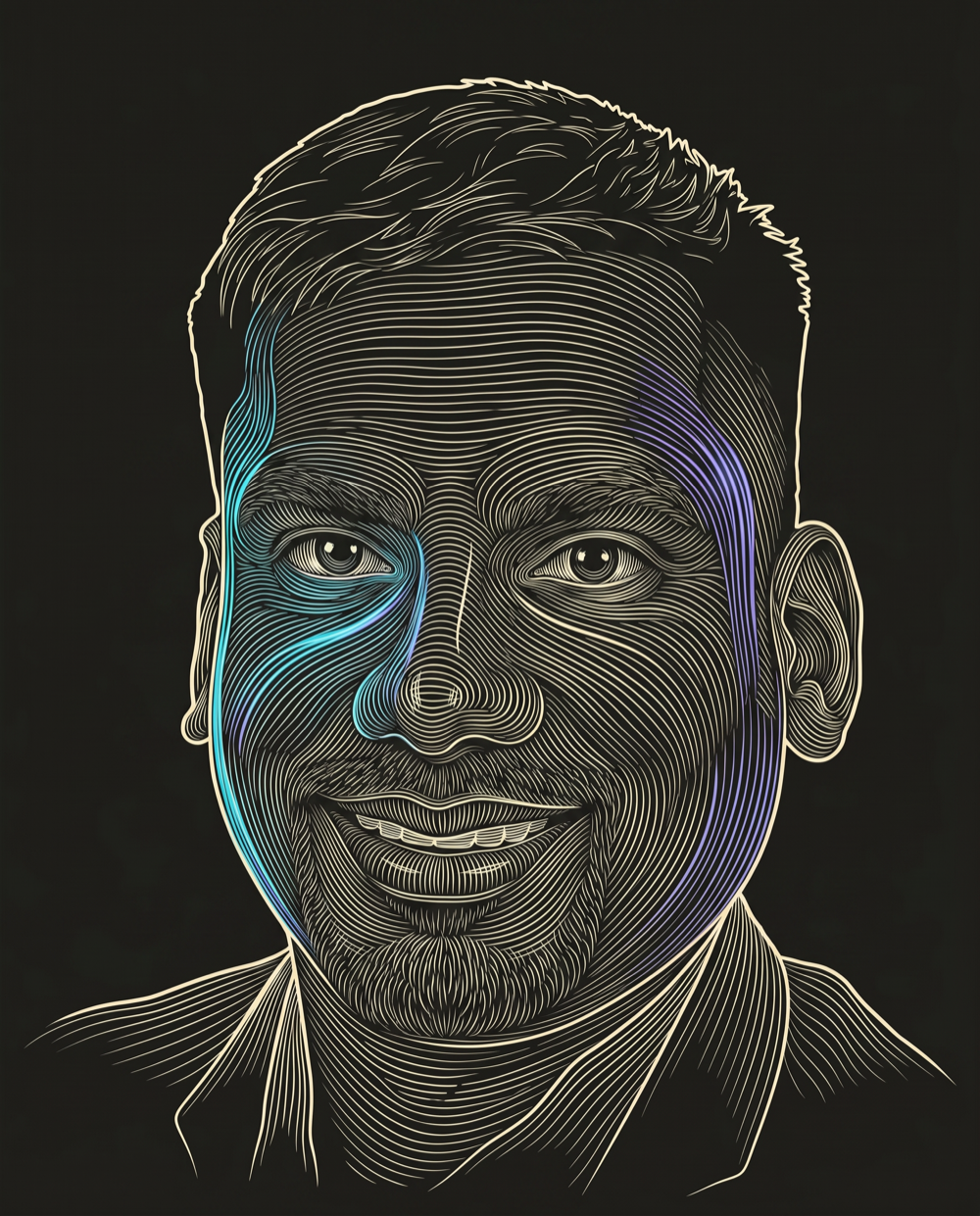 Cream line-engraving portrait of Ajith Segaram, Vice President of Sales & Operations at Generates Leads and Executes Outbound for Joveo.