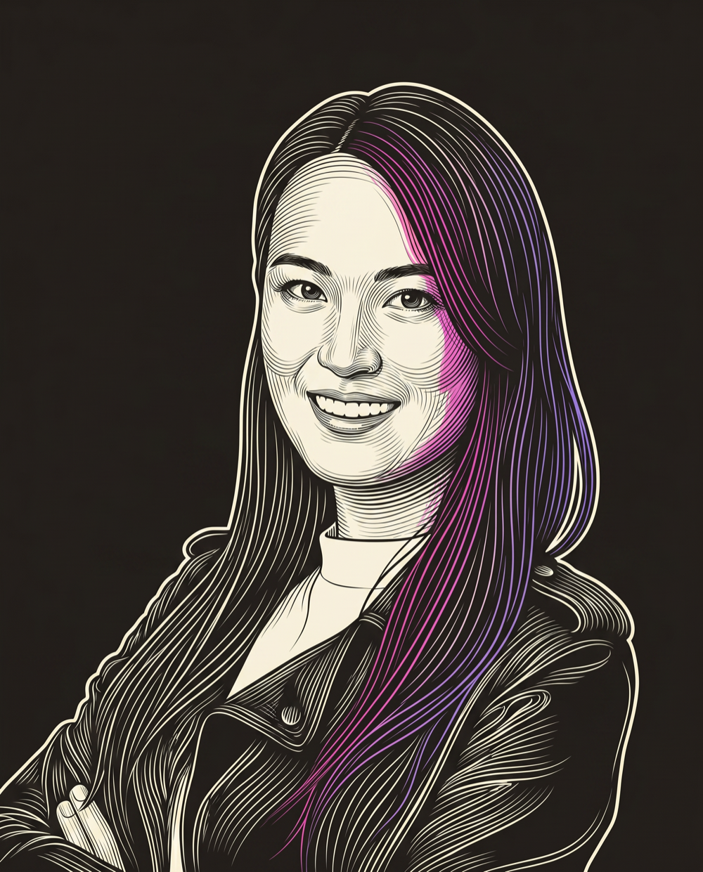 Cream line-engraving portrait of Linda Gong, Acquisition Marketing Manager at Okta.