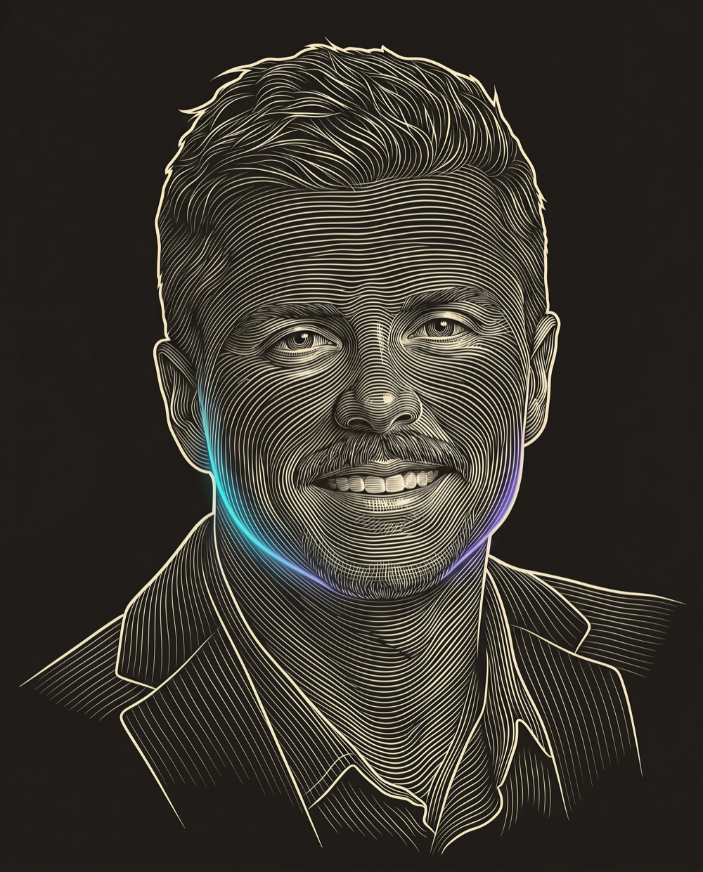 Cream line-engraving portrait of Ian Thomas Miller, CMO at Found Ideal Prospects in a Niche B2B Software Market.