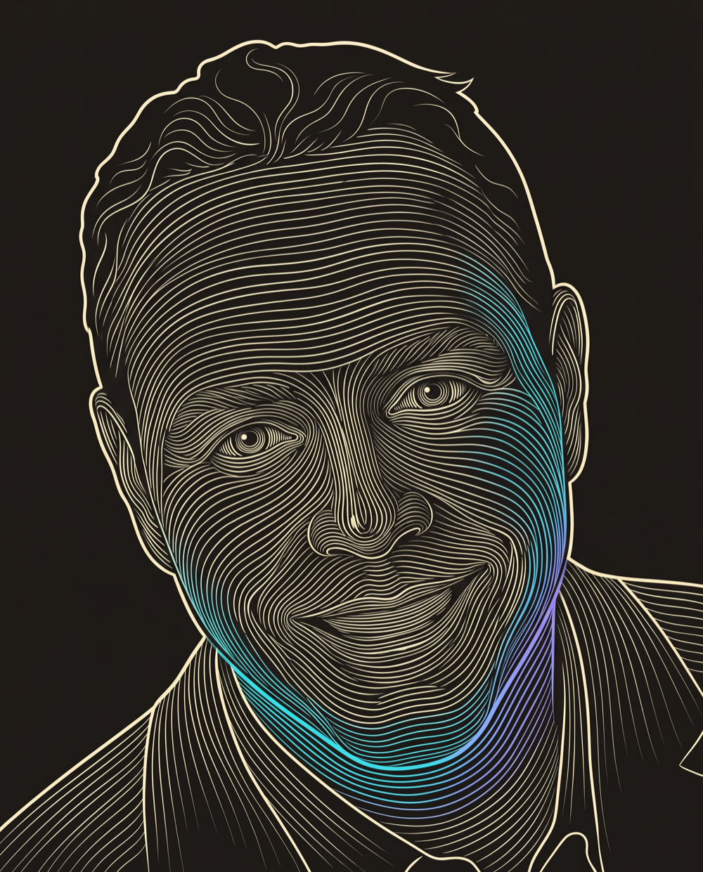 Cream line-engraving portrait of David Spence, Director of Business Development at Generates Leads and Researches For OfficeSpace Software.