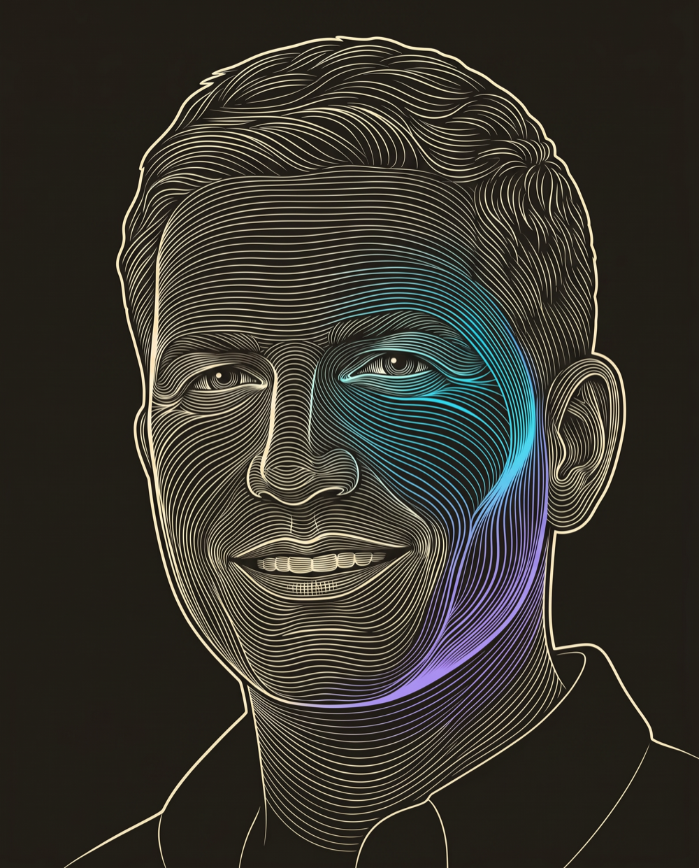 Cream line-engraving portrait of Jared Hudson, Director of Digital Services at Helped a Digital Agency Achieve Its Growth Goals.