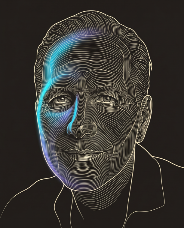 Cream line-engraving portrait of Thomas Cornelius, Founder and CEO of graph8.