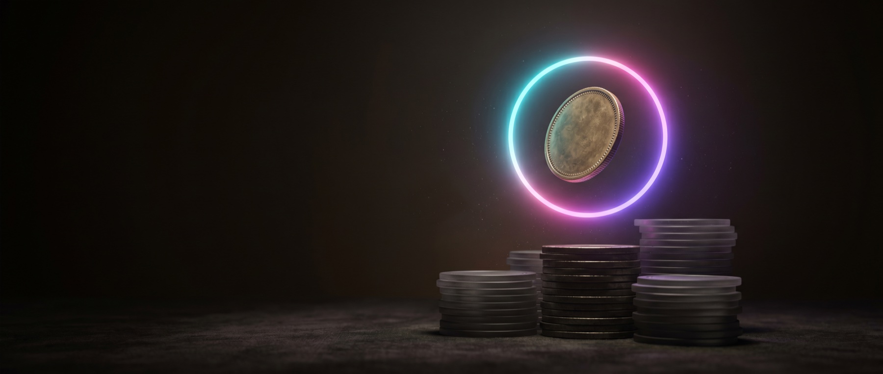 Cinematic still: stacks of matte betting chips on a dark felt table, one central column glowing in the brand gradient and one lit chip set apart, held back.