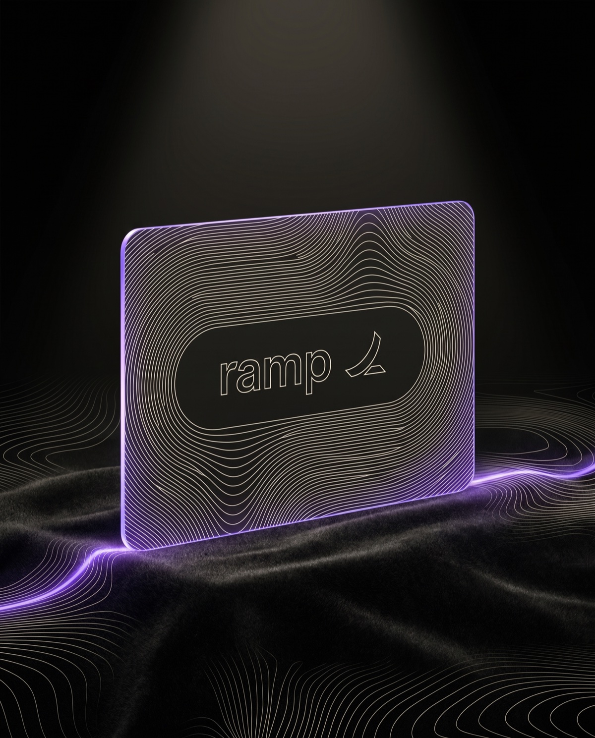 A corporate card carrying the Ramp wordmark, standing on dark velvet, drawn in the magazine's signal-trace line style.